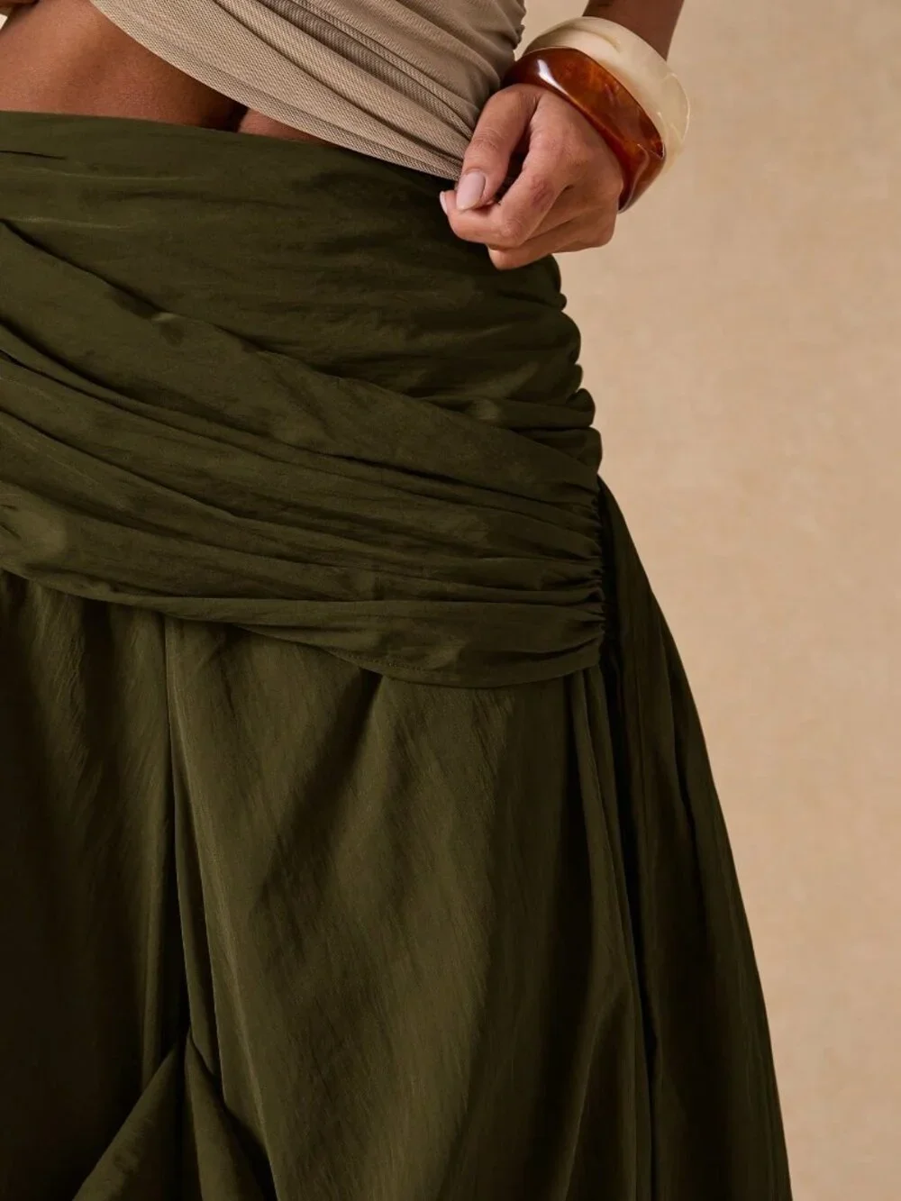 Army Green Boho Women's Pleated Wide-Leg Pants
